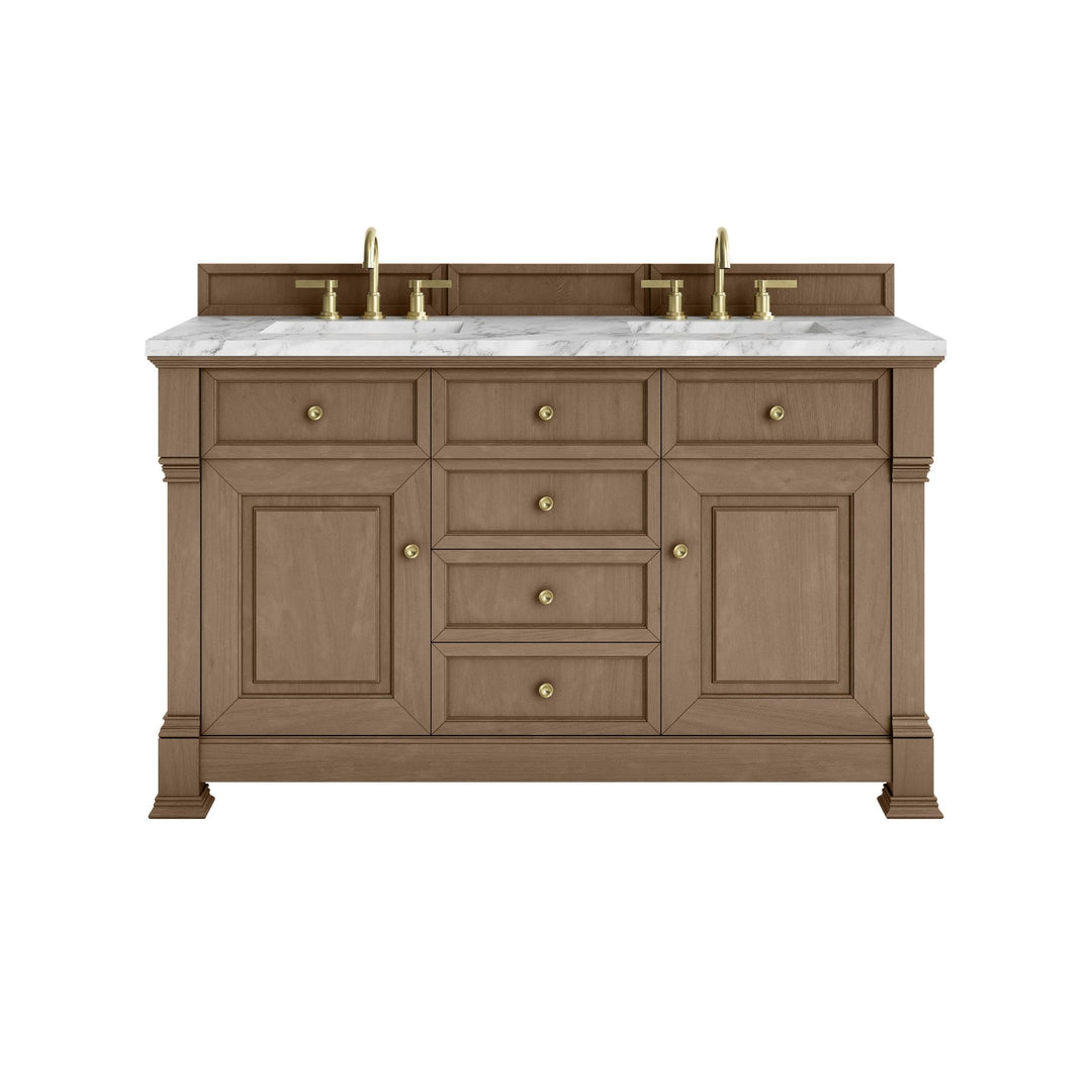 Brookfield 60" Double Vanity, Pecan w/3 CM Carrara White Marble Top