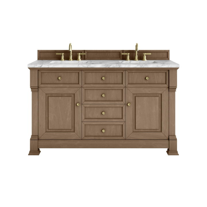 Brookfield 60" Double Vanity, Pecan w/3 CM Carrara White Marble Top