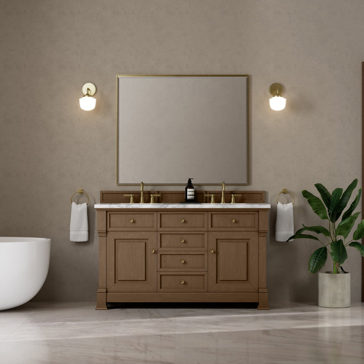 Brookfield 60" Double Vanity, Pecan w/3 CM Carrara White Marble Top