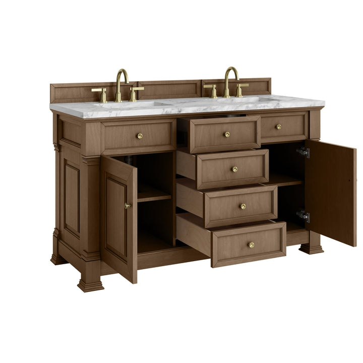 Brookfield 60" Double Vanity, Pecan w/3 CM Carrara White Marble Top