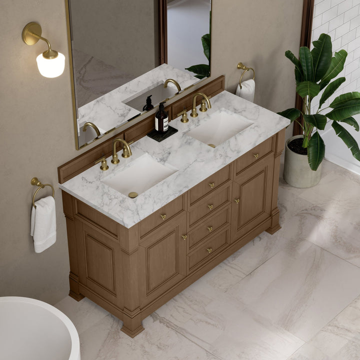 Brookfield 60" Double Vanity, Pecan w/3 CM Carrara White Marble Top