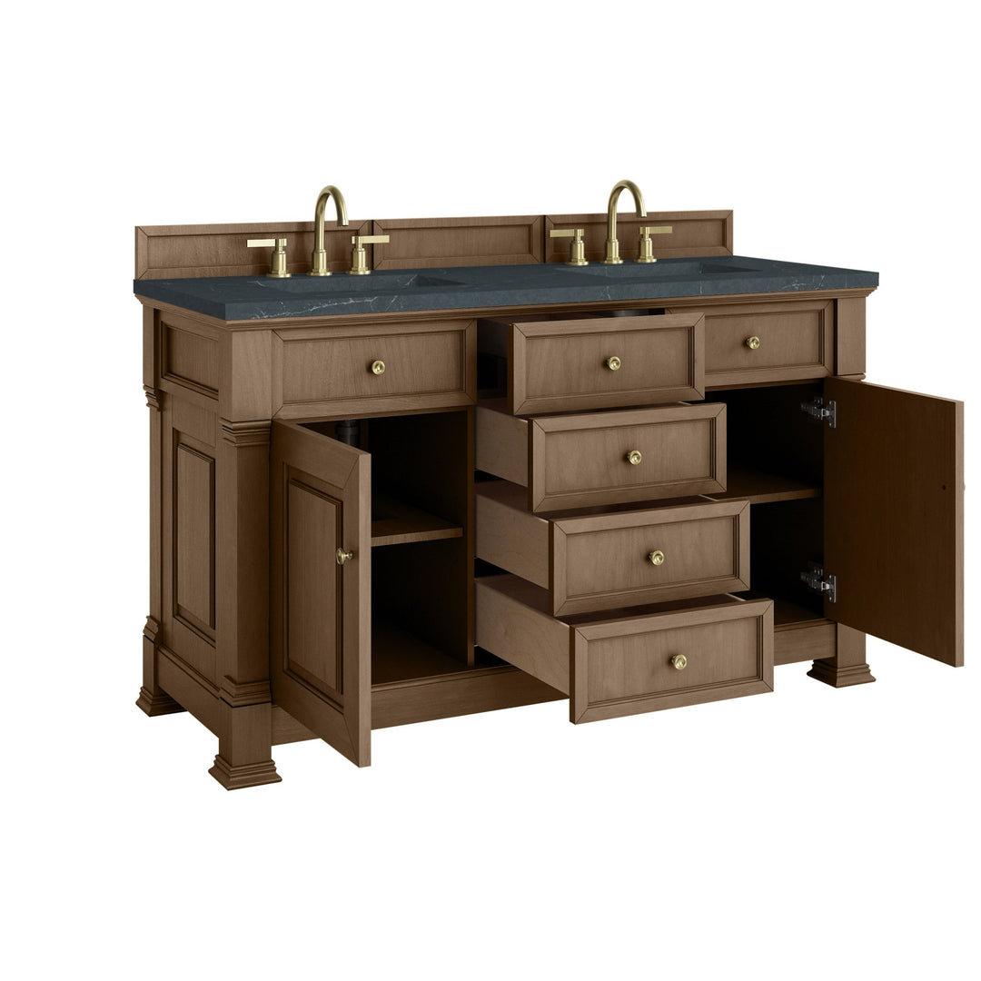 Brookfield 60" Double Vanity, Pecan w/3 CM Charcoal Soapstone Silestone® Top