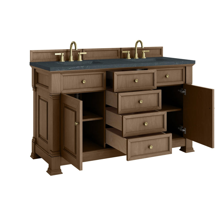 Brookfield 60" Double Vanity, Pecan w/3 CM Charcoal Soapstone Silestone® Top