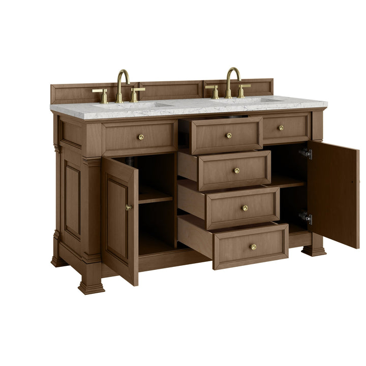 Brookfield 60" Double Vanity, Pecan w/3 CM Eternal Jasmine Pearl Silestone® Top