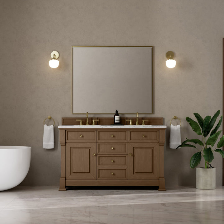 Brookfield 60" Double Vanity, Pecan w/3 CM Eternal Jasmine Pearl Silestone® Top w/FreePower Wireless Charger