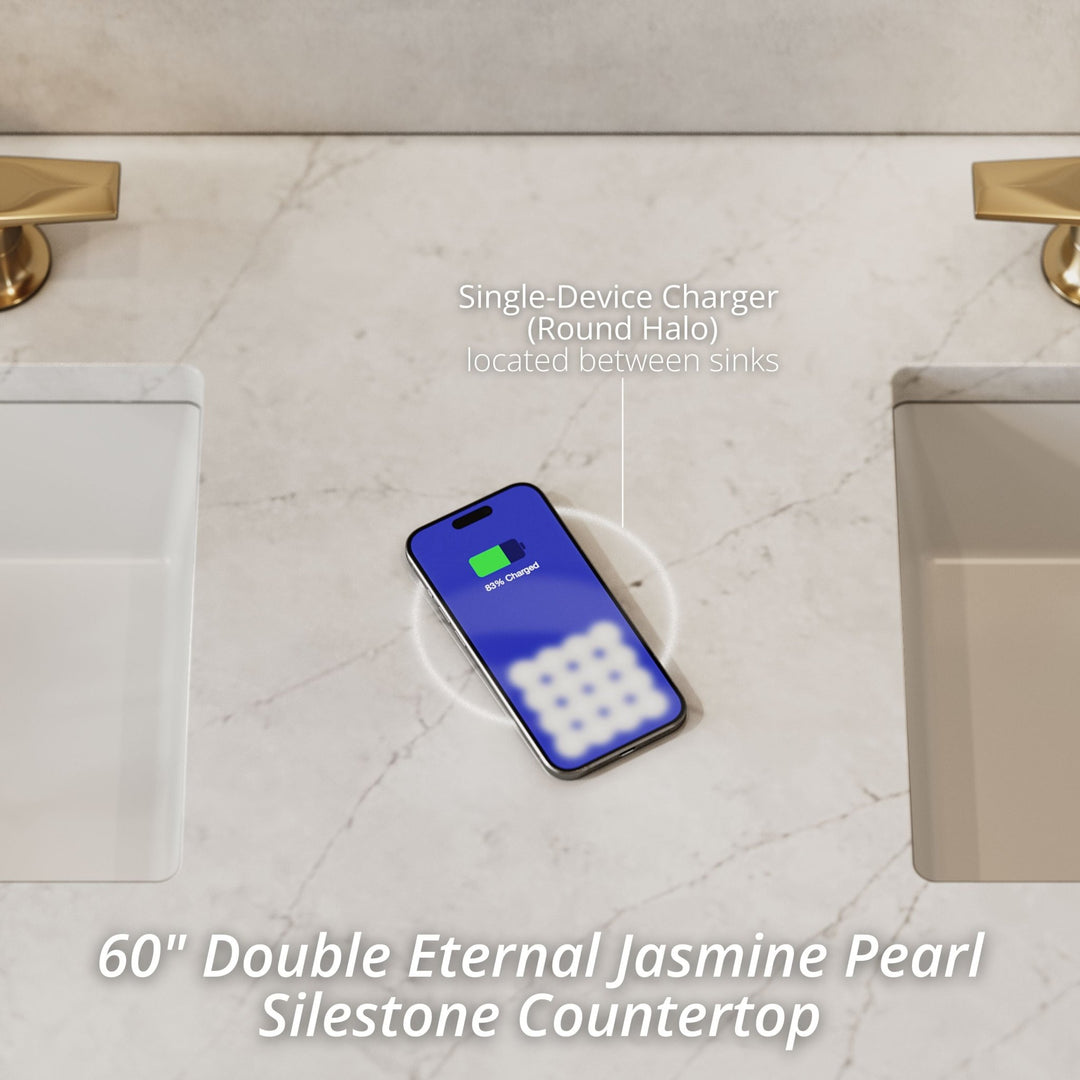 Brookfield 60" Double Vanity, Pecan w/3 CM Eternal Jasmine Pearl Silestone® Top w/FreePower Wireless Charger