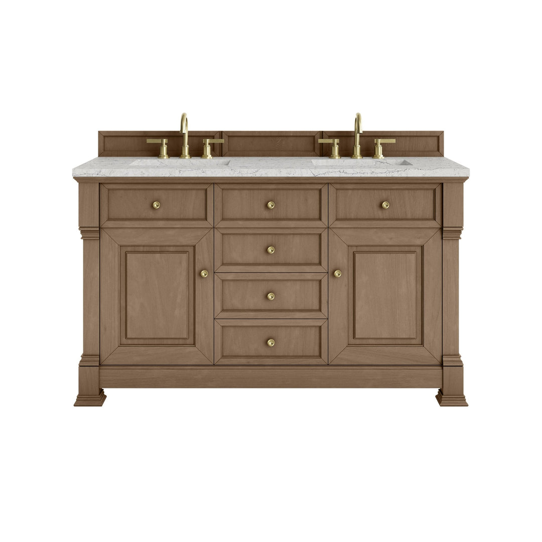 Brookfield 60" Double Vanity, Pecan w/3 CM Eternal Jasmine Pearl Silestone® Top w/FreePower Wireless Charger