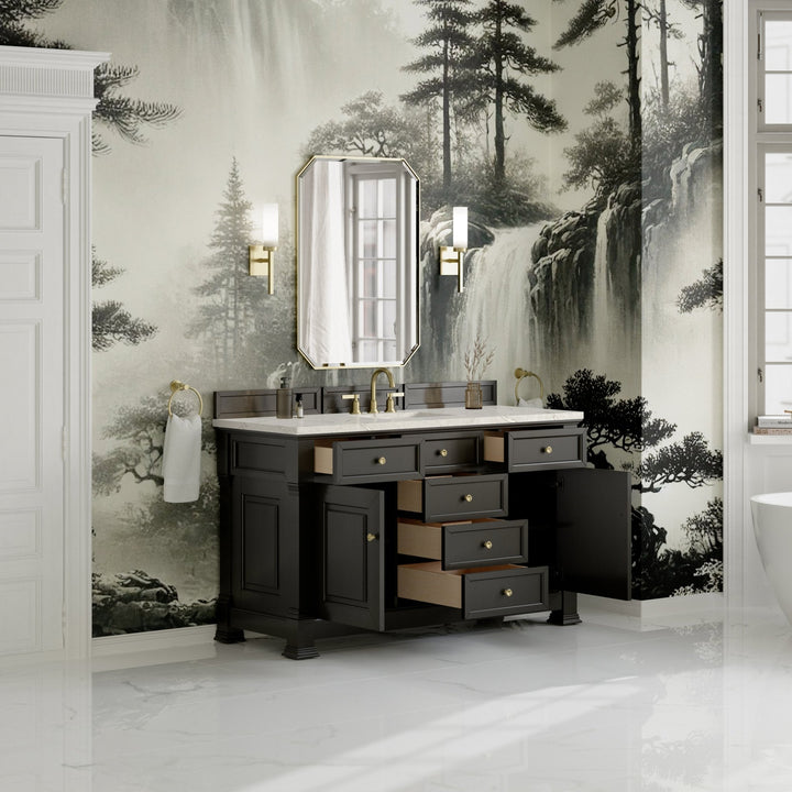 Brookfield 60" Single Vanity, Black Onyx w/ 3 CM Victorian Silver Silestone Top w/ FreePower Wireless Charger