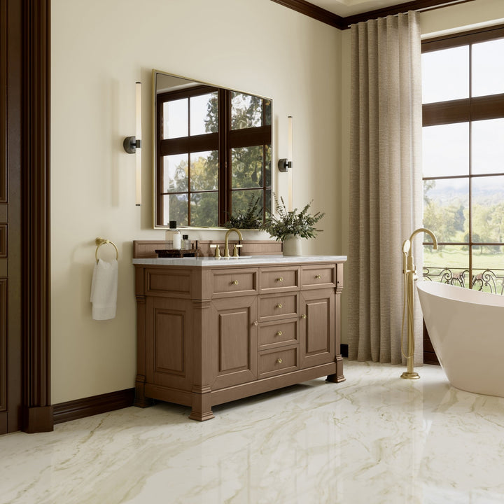 Brookfield 60" Single Vanity, Pecan w/ 3 CM Arctic Fall Solid Surface Top