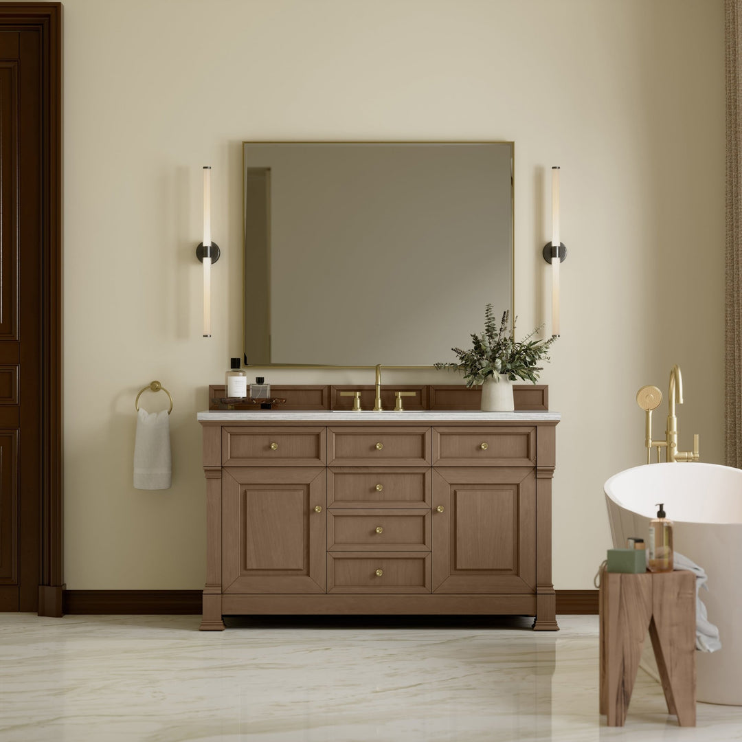 Brookfield 60" Single Vanity, Pecan w/ 3 CM Arctic Fall Solid Surface Top