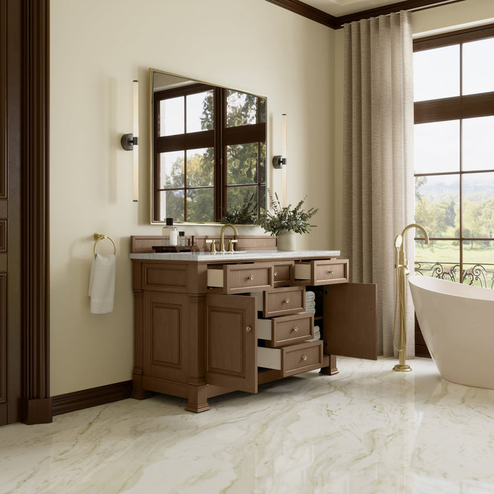 Brookfield 60" Single Vanity, Pecan w/ 3 CM Arctic Fall Solid Surface Top