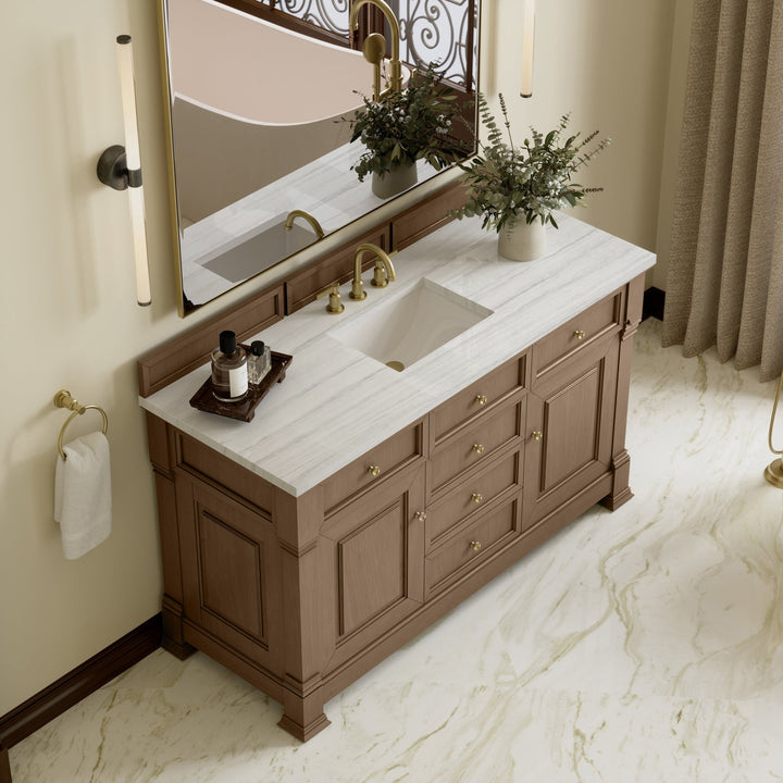 Brookfield 60" Single Vanity, Pecan w/ 3 CM Arctic Fall Solid Surface Top