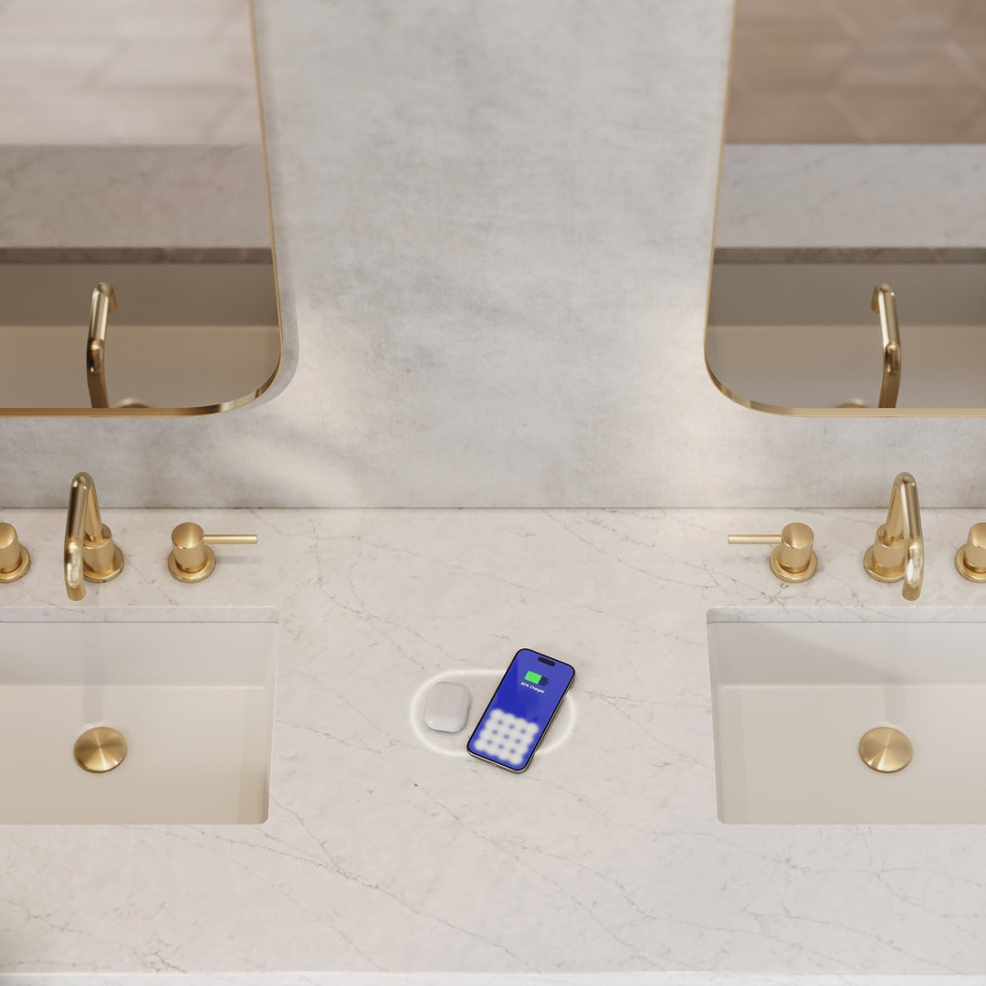 Brookfield 72" Double Vanity, Pecan w/ 3 CM Eternal Jasmine Pearl Silestone Top w/ FreePower Wireless Charger