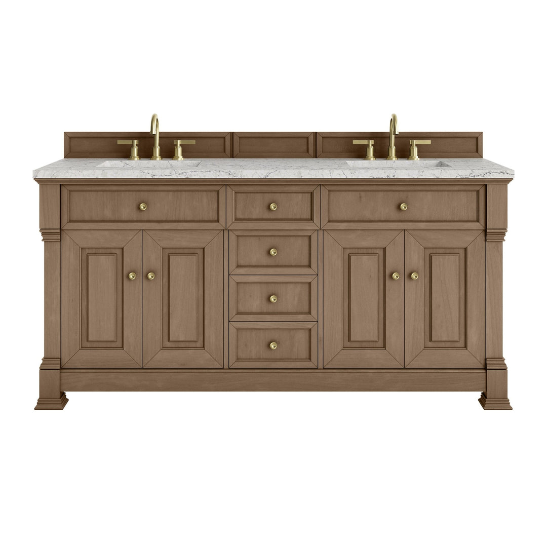 Brookfield 72" Double Vanity, Pecan w/ 3 CM Eternal Jasmine Pearl Silestone Top w/ FreePower Wireless Charger