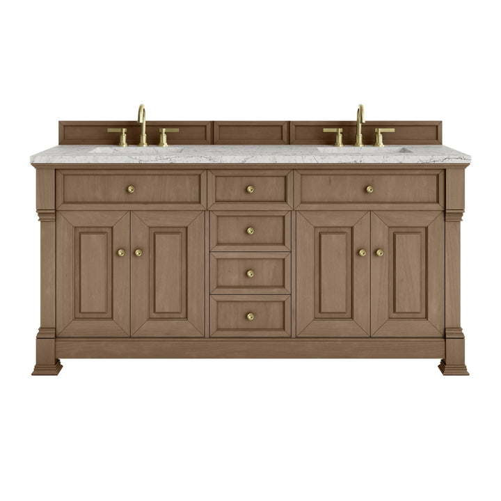 Brookfield 72" Double Vanity, Pecan w/ 3 CM Eternal Jasmine Pearl Silestone Top w/ FreePower Wireless Charger