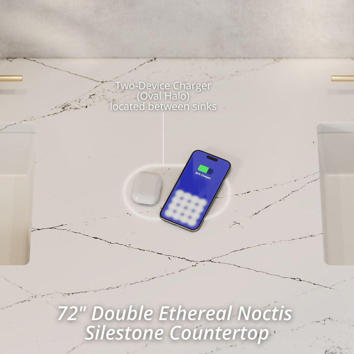 Brookfield 72" Double Vanity, Pecan w/ 3 CM Ethereal Noctis Silestone Top w/ FreePower Wireless Charger