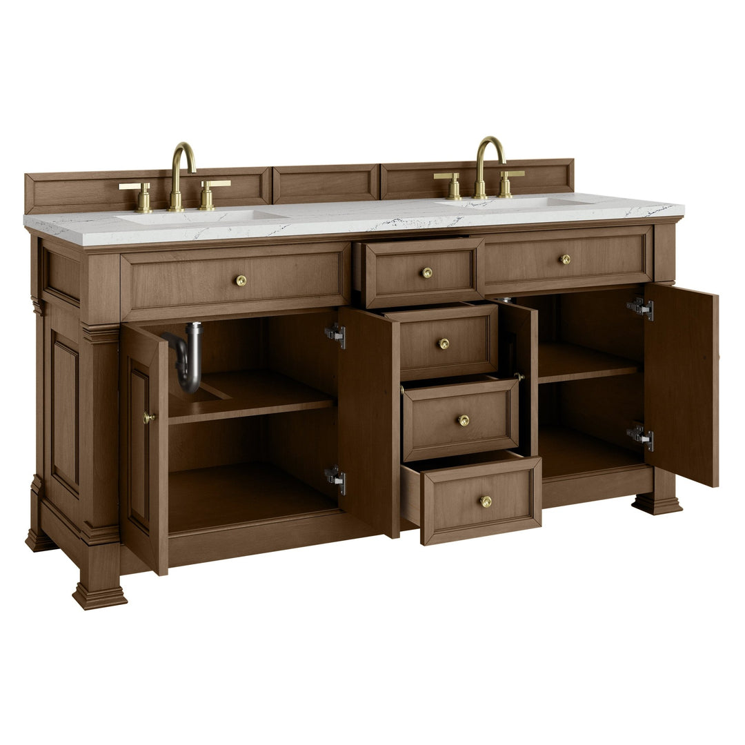 Brookfield 72" Double Vanity, Pecan w/ 3 CM Ethereal Noctis Silestone Top w/ FreePower Wireless Charger