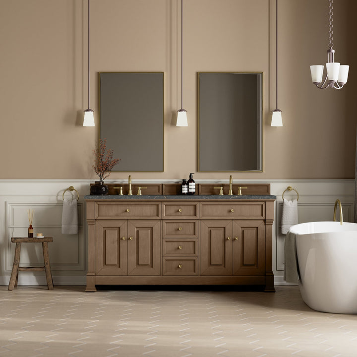 Brookfield 72" Double Vanity, Pecan w/ 3 CM Parisien Bleu Silestone® Top