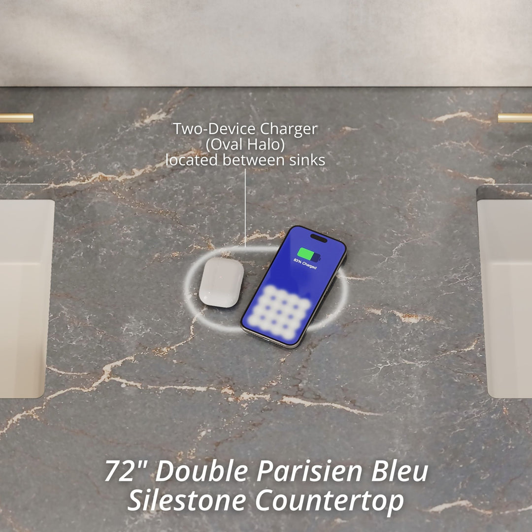 Brookfield 72" Double Vanity, Pecan w/ 3 CM Parisien Bleu Silestone Top w/ FreePower Wireless Charger