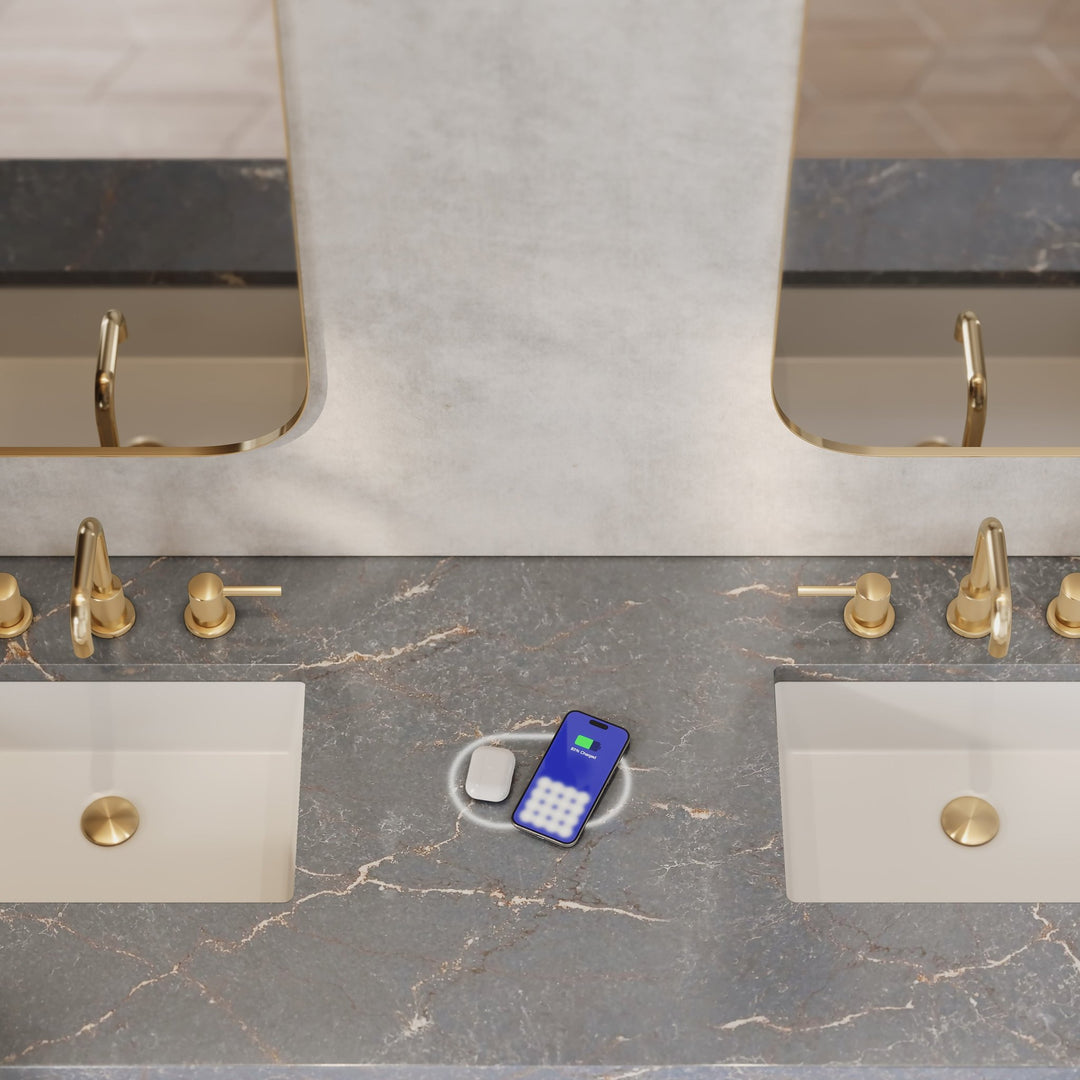 Brookfield 72" Double Vanity, Pecan w/ 3 CM Parisien Bleu Silestone Top w/ FreePower Wireless Charger