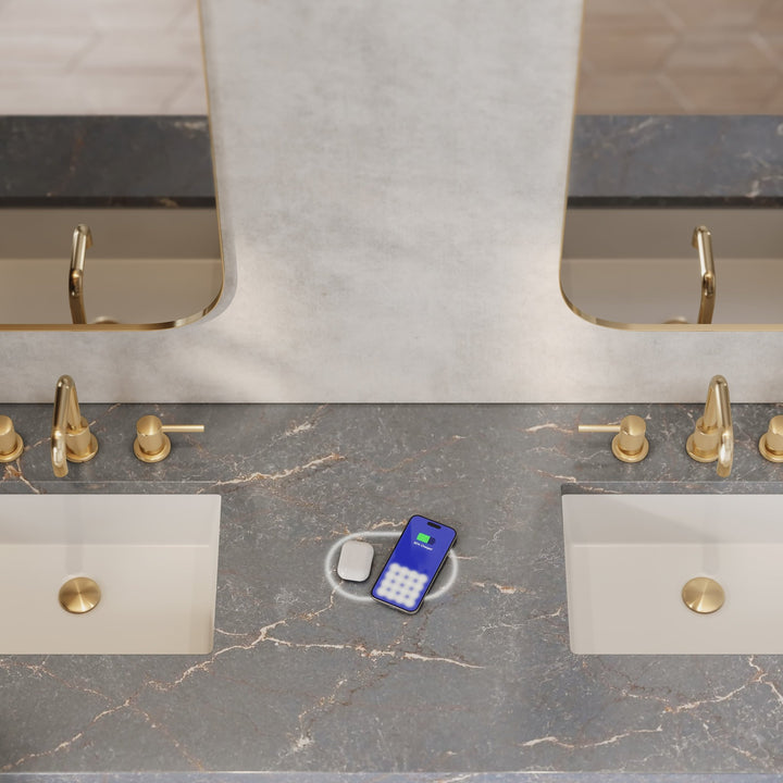 Brookfield 72" Double Vanity, Pecan w/ 3 CM Parisien Bleu Silestone Top w/ FreePower Wireless Charger