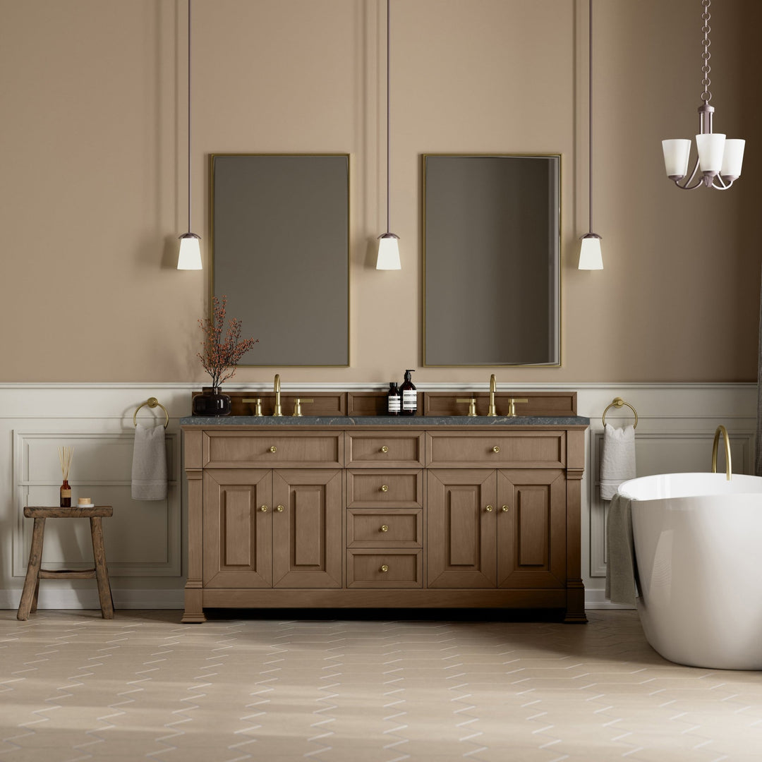 Brookfield 72" Double Vanity, Pecan w/ 3 CM Parisien Bleu Silestone Top w/ FreePower Wireless Charger