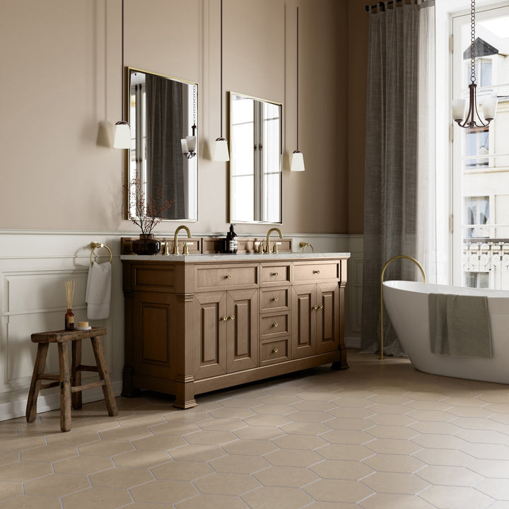 Brookfield 72" Double Vanity, Pecan w/ 3 CM Victorian Silver  Silestone® Top