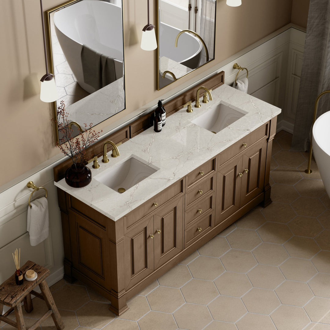 Brookfield 72" Double Vanity, Pecan w/ 3 CM Victorian Silver  Silestone® Top