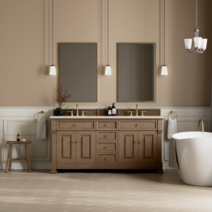 Brookfield 72" Double Vanity, Pecan w/ 3 CM Victorian Silver  Silestone® Top