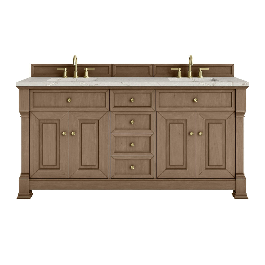 Brookfield 72" Double Vanity, Pecan w/ 3 CM Victorian Silver  Silestone Top w/ FreePower Wireless Charger