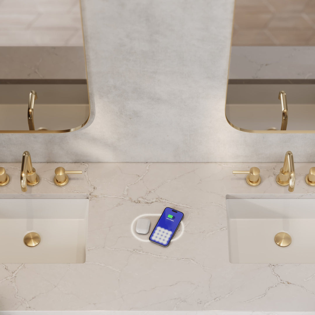 Brookfield 72" Double Vanity, Pecan w/ 3 CM Victorian Silver  Silestone Top w/ FreePower Wireless Charger