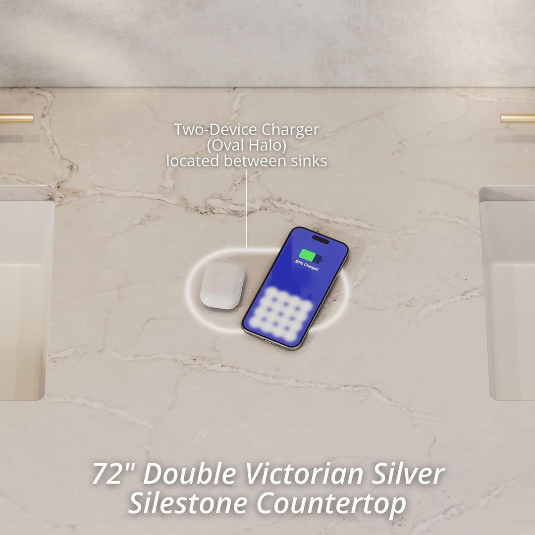 Brookfield 72" Double Vanity, Pecan w/ 3 CM Victorian Silver  Silestone Top w/ FreePower Wireless Charger