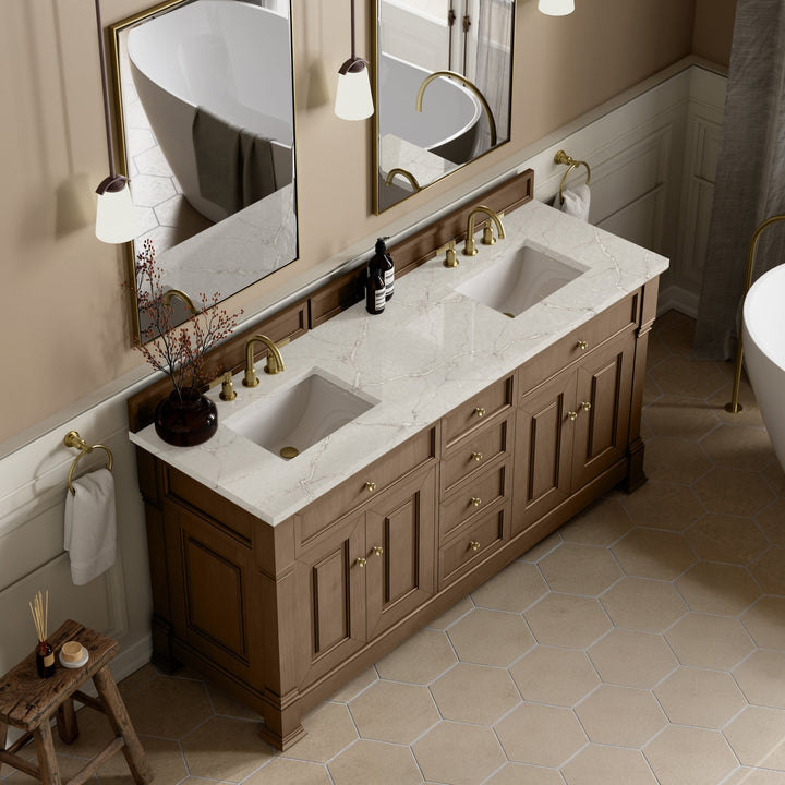 Brookfield 72" Double Vanity, Pecan w/ 3 CM Victorian Silver  Silestone Top w/ FreePower Wireless Charger