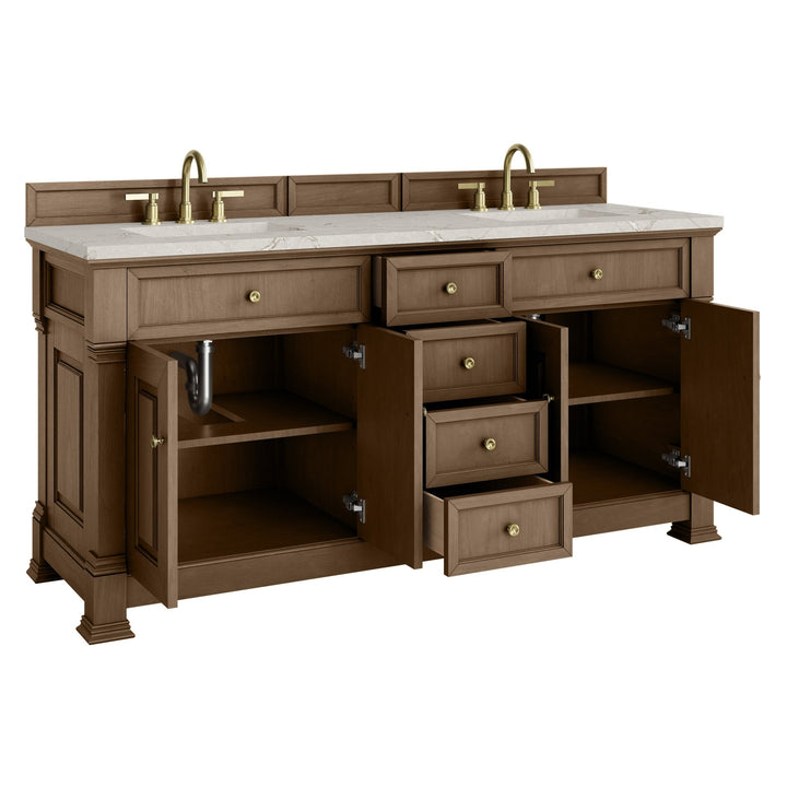Brookfield 72" Double Vanity, Pecan w/ 3 CM Victorian Silver  Silestone Top w/ FreePower Wireless Charger