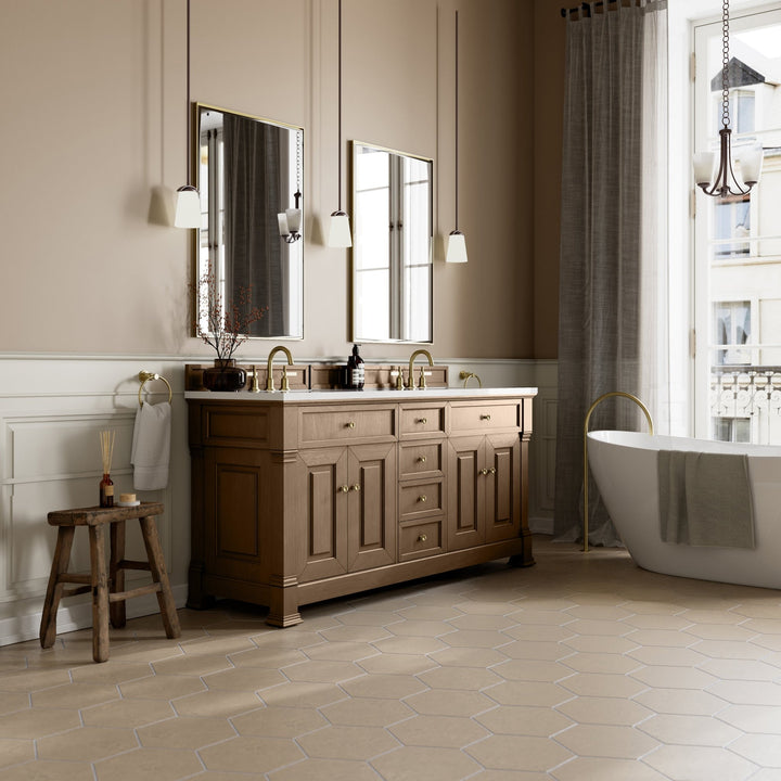 Brookfield 72" Double Vanity, Pecan w/ 3 CM White Zeus Silestone® Top