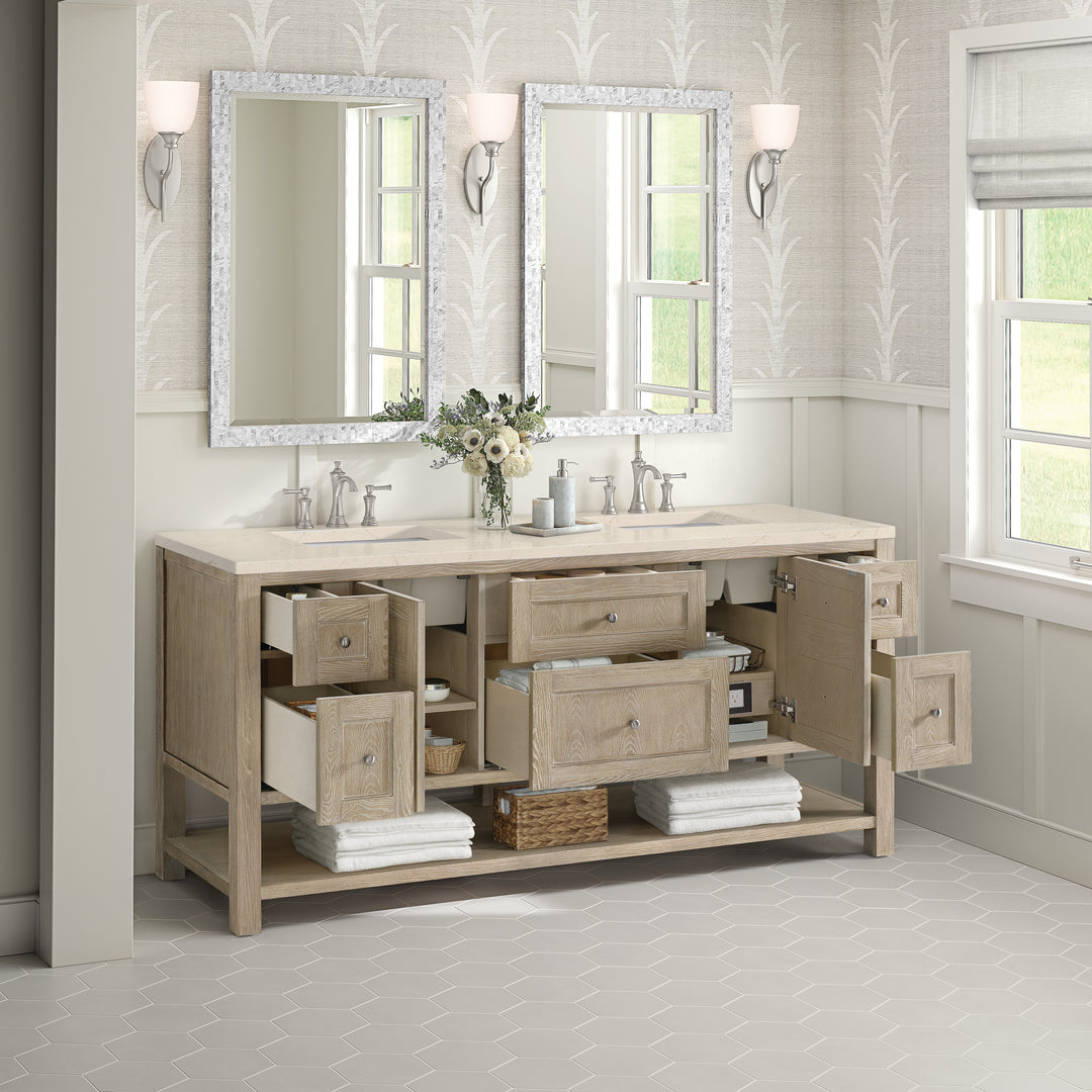 Breckenridge 72" Double Vanity, Whitewashed Oak w/ 3 CM Eternal Marfil Silestone Top