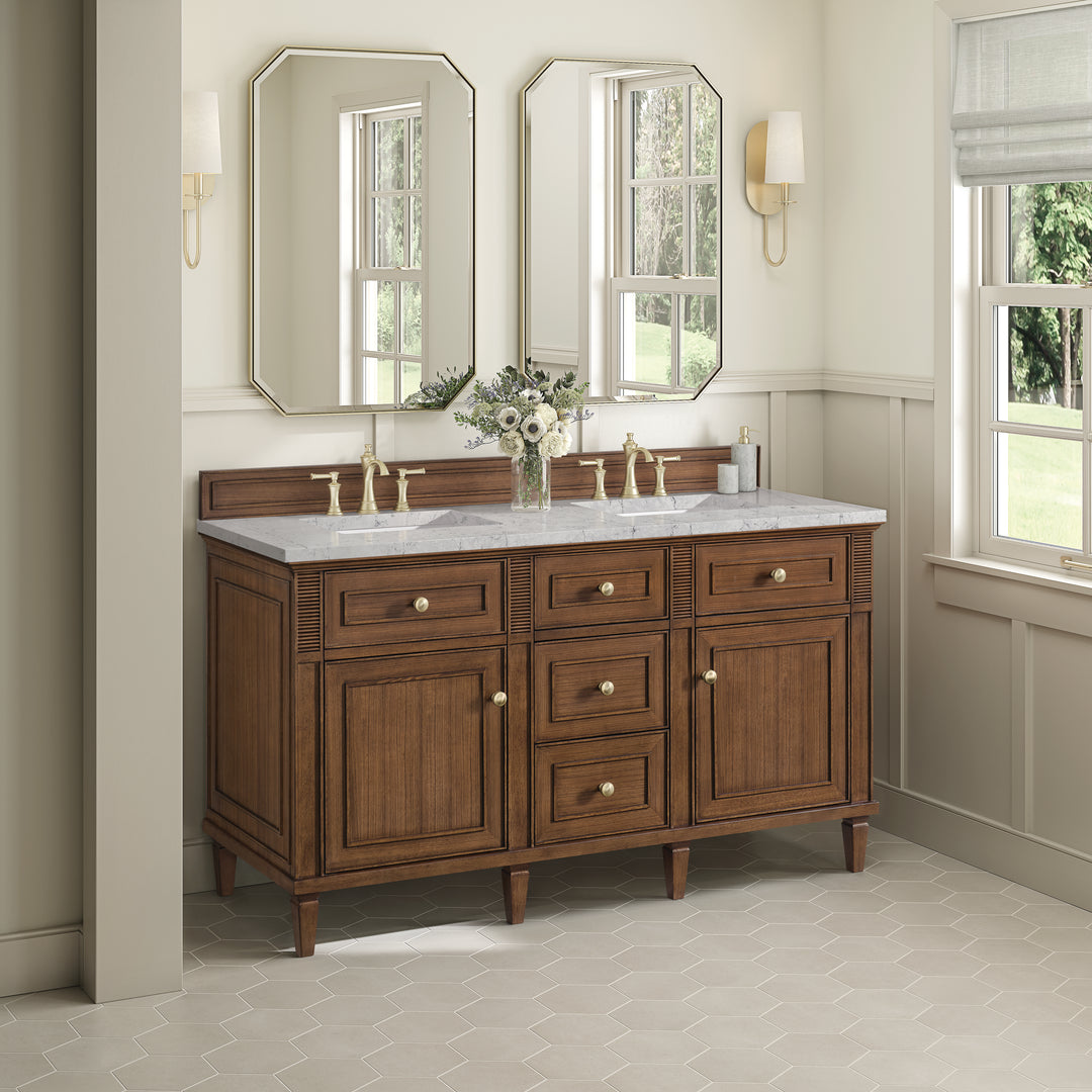 Lorelai 60" Double Vanity, Mid-Century Walnut w/ 3 CM Eternal Jasmine Pearl Silestone Top