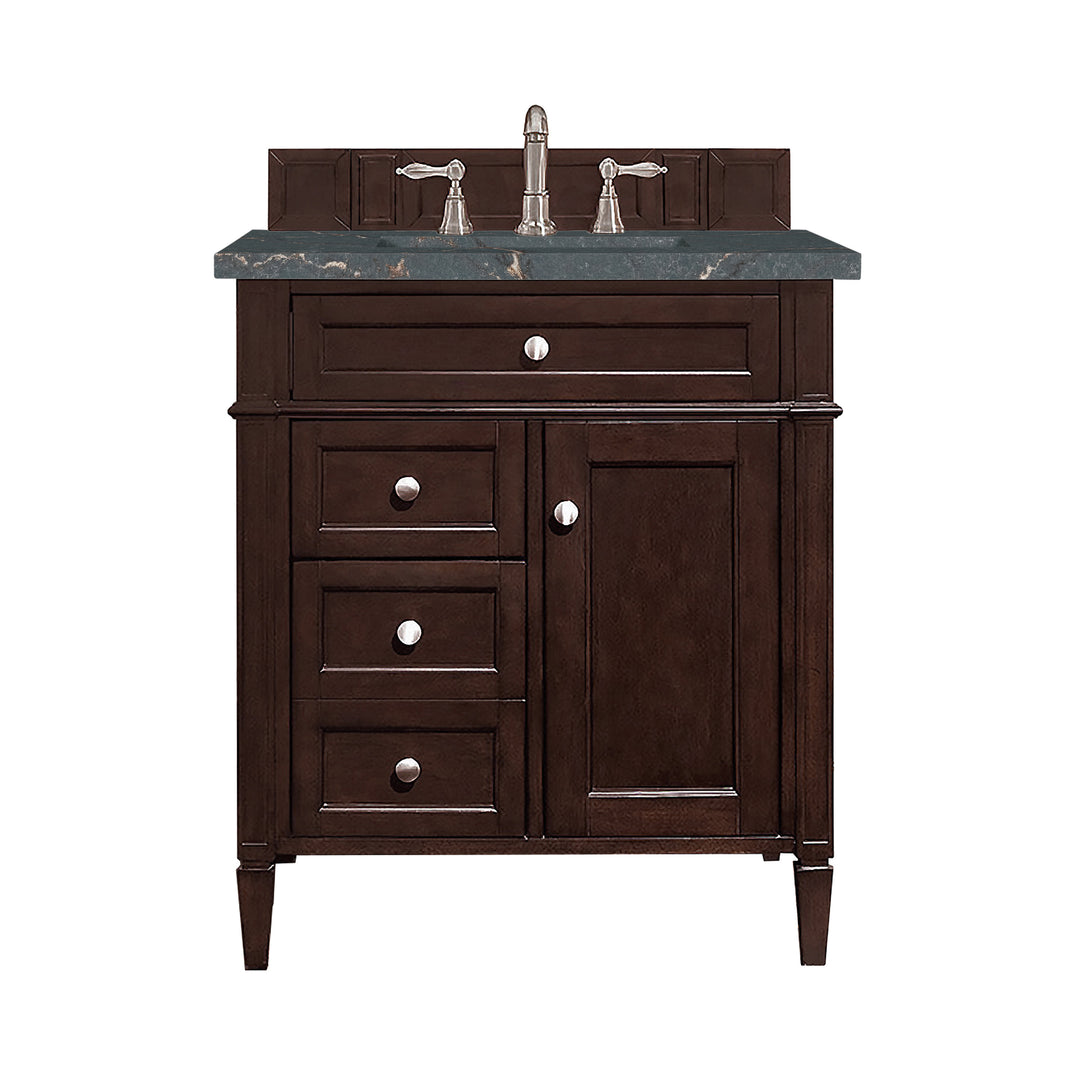 Brittany 30" Single Vanity, Burnished Mahogany, w/ 3 CM Parisien Bleu Silestone Top