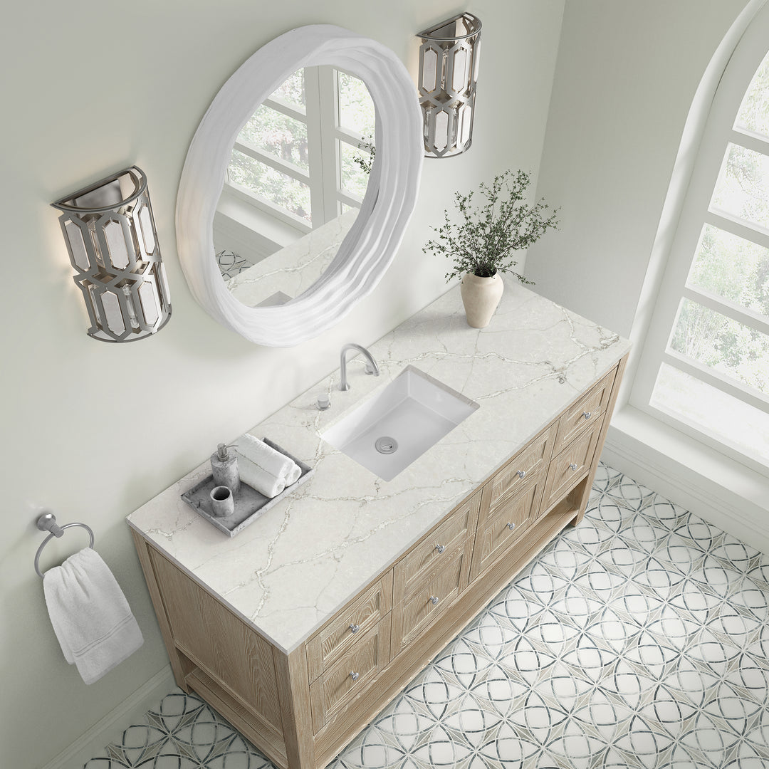 Breckenridge 60" Single Vanity, Whitewashed Oak, w/ 3 CM Victorian Silver Silestone Top w/ FreePower Wireless Charger