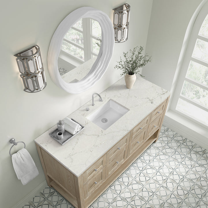 Breckenridge 60" Single Vanity, Whitewashed Oak, w/ 3 CM Victorian Silver Silestone Top w/ FreePower Wireless Charger