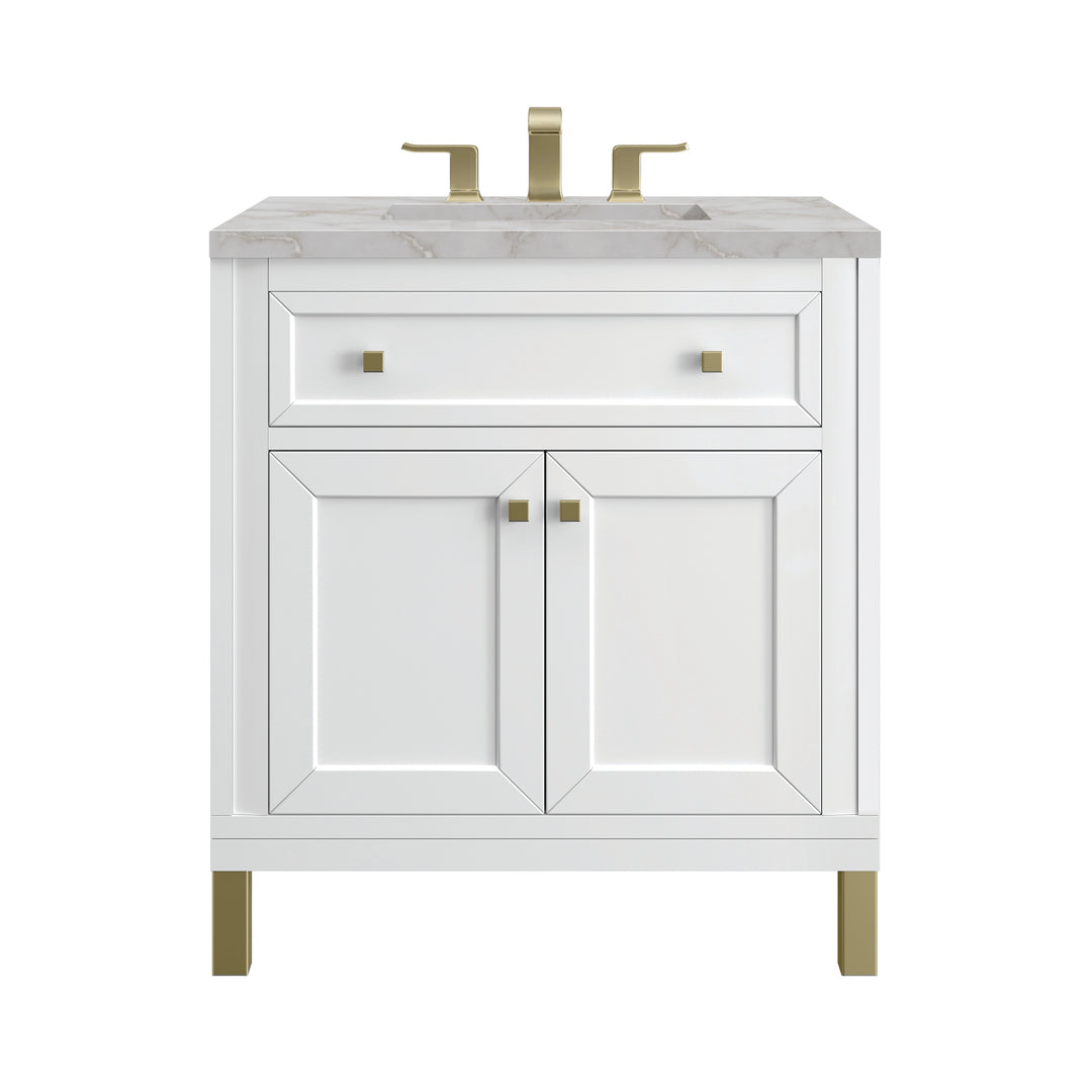 Chicago 30" Single Vanity, Glossy White, w/ 3 CM Victorian Silver Silestone® Top