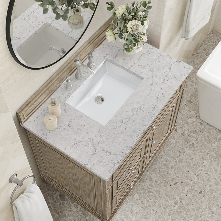 Lorelai 36" Single Vanity, Whitewashed Oak w/ 3 CM Eternal Jasmine Pearl Silestone Top