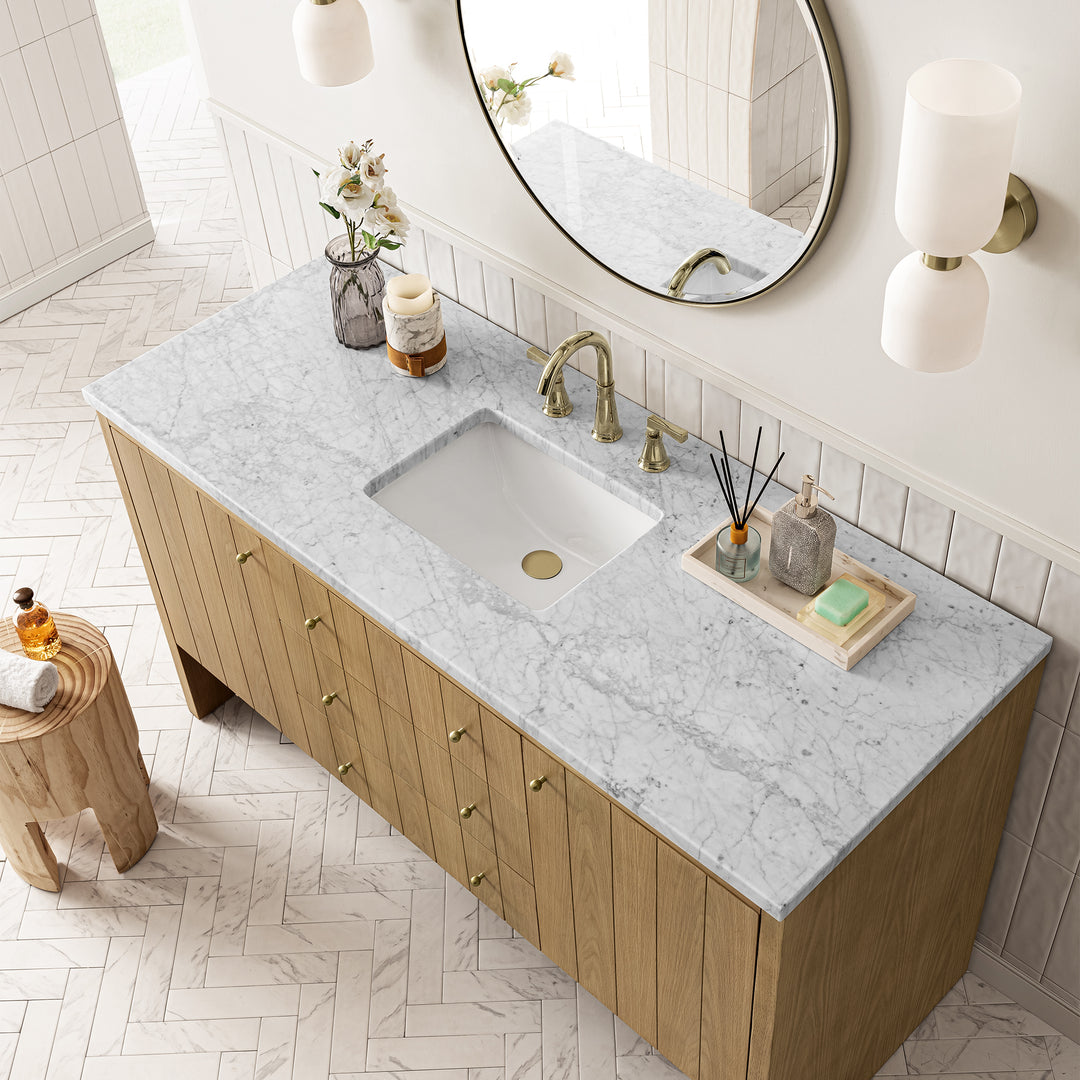 Hudson 60" Single Vanity, Light Natural Oak w/ 3 CM Carrara Marble Top
