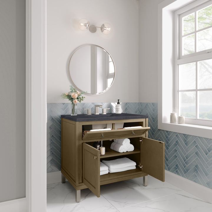 Chicago 36" Single Vanity, Walnut Whisper, w/ 3 CM Charcoal Soapstone Silestone® Top