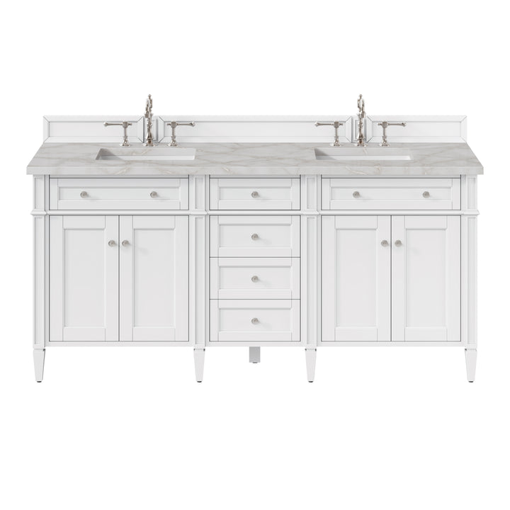 Brittany 72" Double Vanity, Bright White Vanity w/ 3 CM Victorian Silver Silestone Top