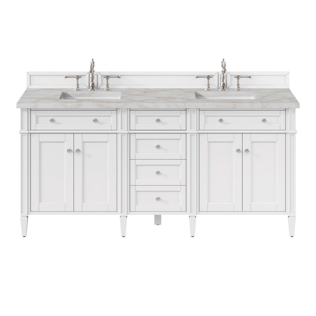 Brittany 72" Double Vanity, Bright White Vanity w/ 3 CM Victorian Silver Silestone Top w/FreePower Wireless Charger