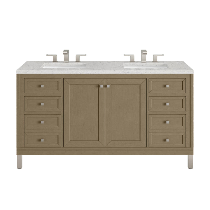 Chicago 60" Double Vanity, Walnut Whisper, w/ 3 CM Eternal Jasmine Pearl Silestone® Top