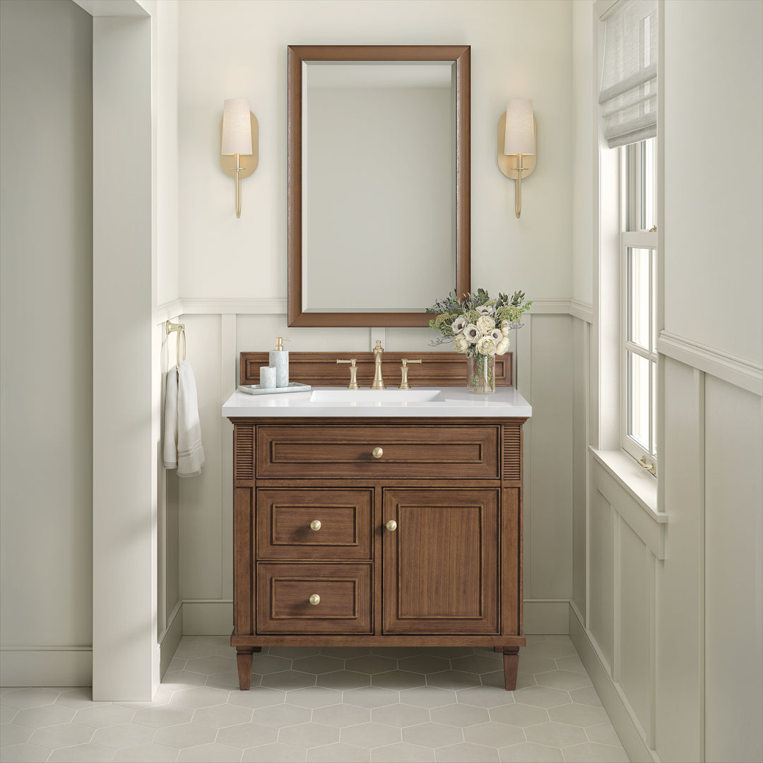 Lorelai 36" Single Vanity, Mid-Century Walnut w/ 3 CM White Zeus Silestone Top