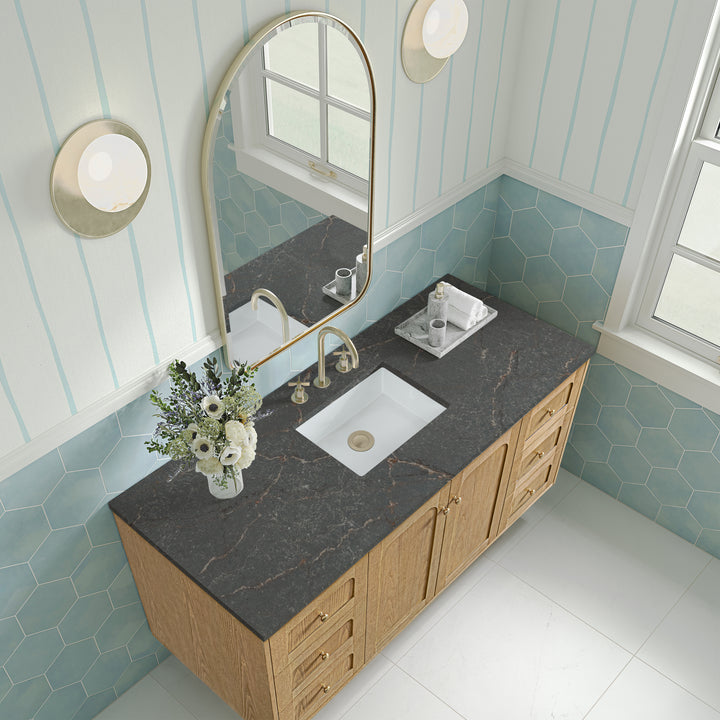 Laurent 60" Single Vanity, Light Natural Oak, w/ 3 CM Parisien Bleu Silestone Top w/ FreePower Wireless Charger