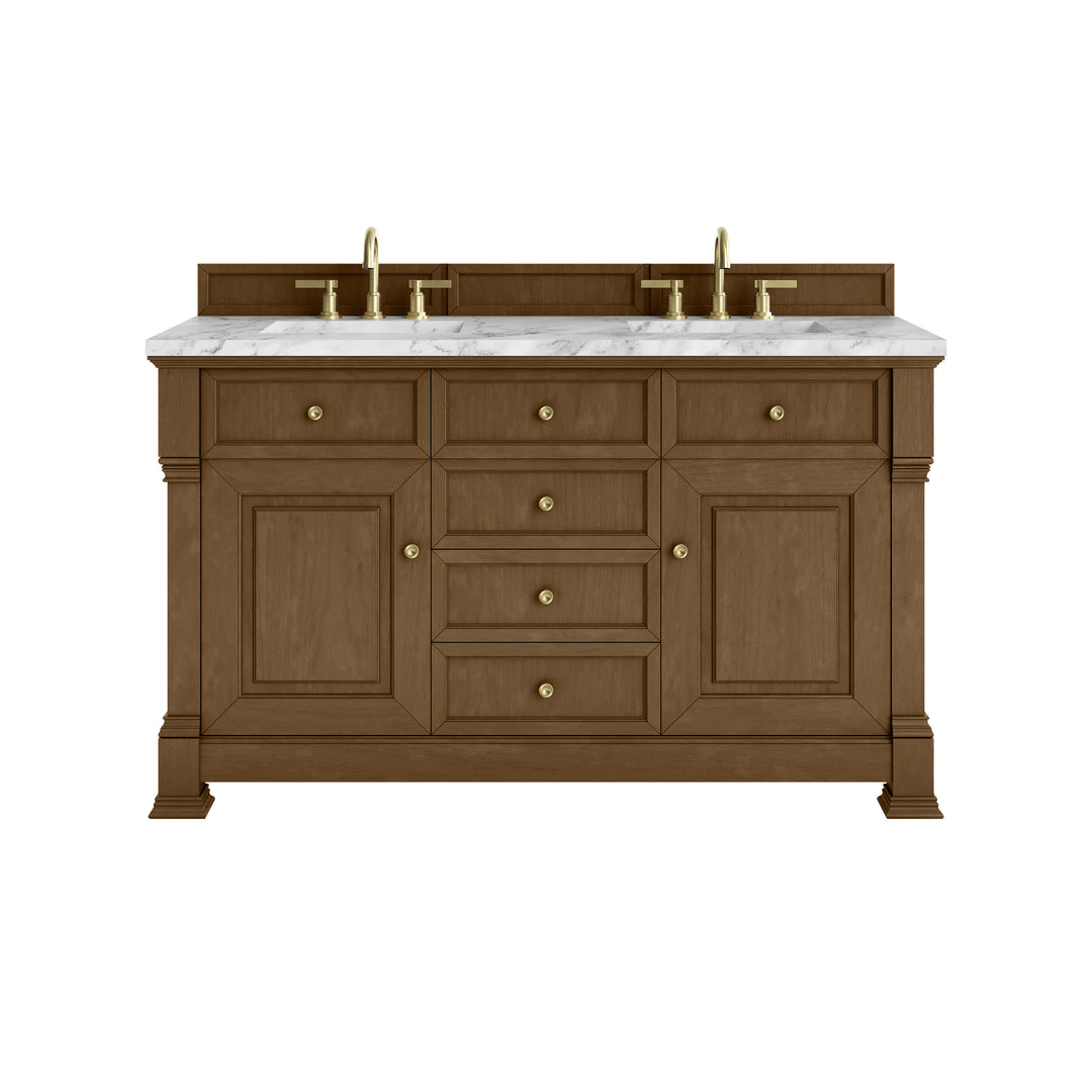 Brookfield 60" Double Vanity, Honey Oak w/3 CM Carrara White Marble Top